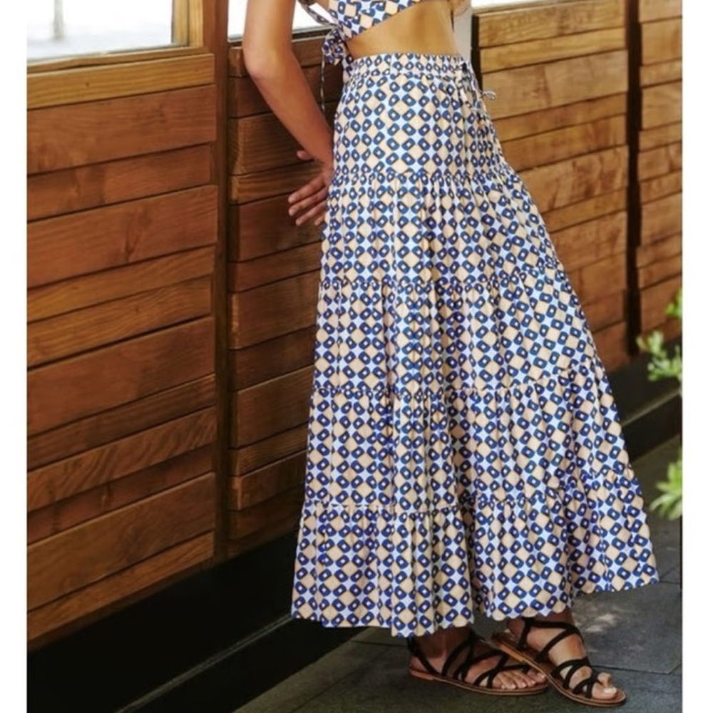 Zara Blue Cream Orange Geometric print Maxi flowy Skirt S